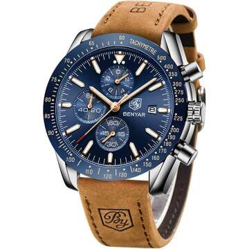 BENYAR Mens Watches Chronograph Leather Strap Waterproof Elegant Gift