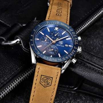 Stylish BENYAR Mens Quartz Chronograph Leather Watch