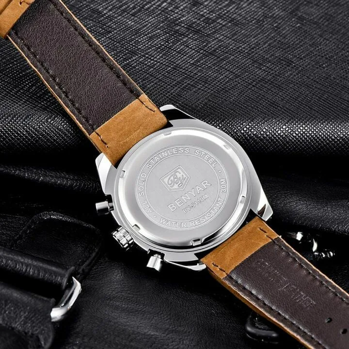 Stylish BENYAR Mens Quartz Chronograph Leather Watch