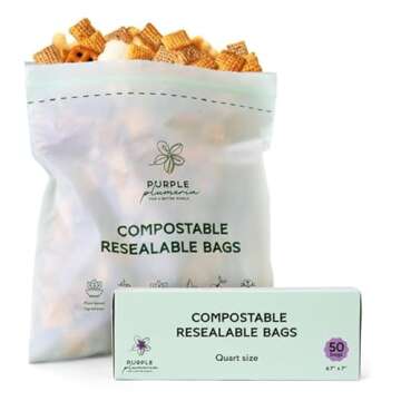 100% Certified Compostable Quart Bags (50 Counts), Resealable BioBased Bags, Leak Proof And Freezer Safe, Extra Strength Storage Bags, Also Available Gallon, Snack and Sandwich Size Bags (Quart)