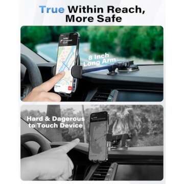 1Zero Solid Car Truck Phone Mount Holder with Thick Gooseneck Long Arm, Windshield Window Mobile Holders w/Industrial-Strength Suction Cup, Anti-Shake Stabilizer Compatible All Cell Phones, Black