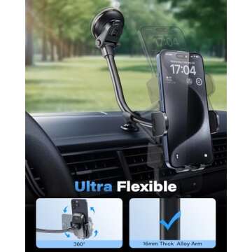 1Zero Solid Car Truck Phone Mount Holder with Thick Gooseneck Long Arm, Windshield Window Mobile Holders w/Industrial-Strength Suction Cup, Anti-Shake Stabilizer Compatible All Cell Phones, Black