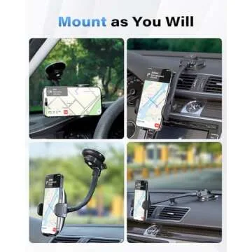 1Zero Solid Car Truck Phone Mount Holder with Thick Gooseneck Long Arm, Windshield Window Mobile Holders w/Industrial-Strength Suction Cup, Anti-Shake Stabilizer Compatible All Cell Phones, Black