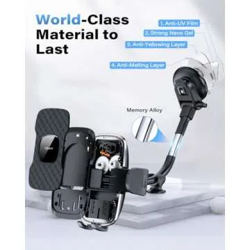 1Zero Solid Car Truck Phone Mount Holder with Thick Gooseneck Long Arm, Windshield Window Mobile Holders w/Industrial-Strength Suction Cup, Anti-Shake Stabilizer Compatible All Cell Phones, Black