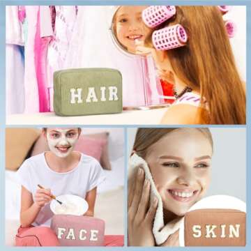 Pinkunn 4 Pcs Preppy Makeup Bags Christmas Chenille Letter Bag Face Skin Hair Stuff Cosmetic Bag Corduroy Makeup Pouch with Zipper Birthday Gifts for Women(Morandi Color)