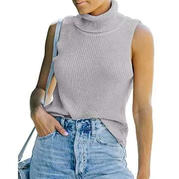 MACNOORA Womens Sleeveless Sweater Vest Turtleneck Ribbed Knit Tank Tops Basic Slim Fit Top Grey