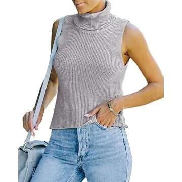 MACNOORA Womens Sleeveless Sweater Vest Turtleneck Ribbed Knit Tank Tops Basic Slim Fit Top Grey