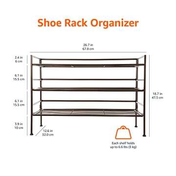 Amazon Basics 9-Pair Shoe Rack Organizer with 3 Shelves, Bronze, 12.6" D x 26.7" W x 18.7" H