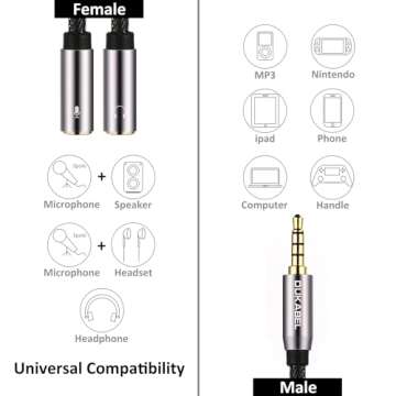 DUKABEL Long Headsets Splitter Adapter (4ft/1.2m) 3-Pole TRS Micprhone & Audio Female to Single 4-Pole TRRS Male Jack Stereo Audio/Crystal-Nylon Braided / 24K Gold Plated / 99.99% 4N OFC