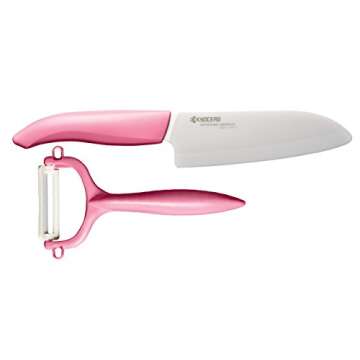Kyocera 5-1/2-inch Santoku Ceramic Knife and Y-Peeler Set, Pink
