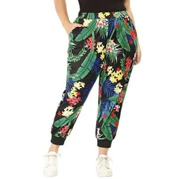 Agnes Orinda Women's Plus Size Sweatpants Elastic Pockets Jogger Tropical Floral Harem Pants 2024 3X Black