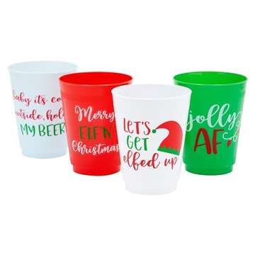 Blue Panda 24 Pack Plastic Christmas Cups, 16oz Reusable Tumblers for Winter Holiday Xmas Party Supplies Decorations, Fun Festive Christmas Decorations for Party Gathering (4 Designs)