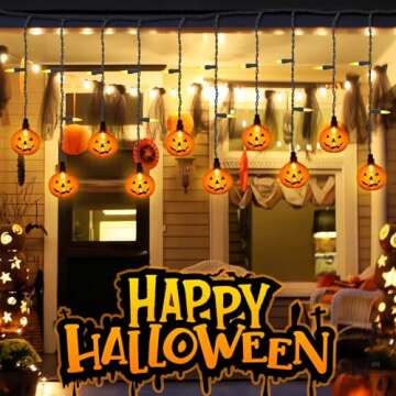 FANHONSE Halloween Pumpkin String Lights, 25 Led 7FT Halloween Curtain Lights with 10 3D Orange Jack O Lantern Connectable Lighted up Home&Garden Halloween Decorations Indoor and Outdoor