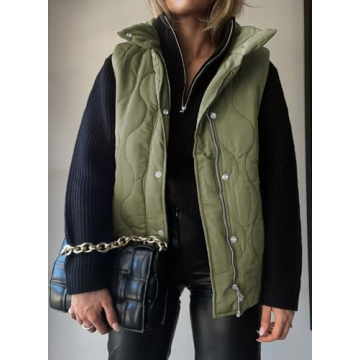 EVALESS Casual Cropped Puffer Vest Women Lightweight Quilted Stand Collar Sleeveless Jackets Fall 2024 Button Zip Up Warm Coat Outerwear with Pockets Green Small