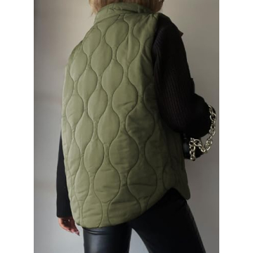 EVALESS Casual Cropped Puffer Vest Women Lightweight Quilted Stand Collar Sleeveless Jackets Fall 2024 Button Zip Up Warm Coat Outerwear with Pockets Green Small