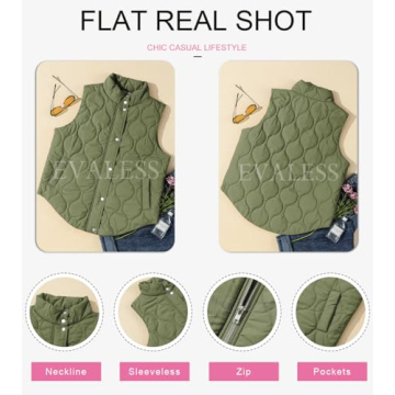 EVALESS Casual Cropped Puffer Vest Women Lightweight Quilted Stand Collar Sleeveless Jackets Fall 2024 Button Zip Up Warm Coat Outerwear with Pockets Green Small