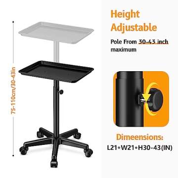DEER BEAUTY Salon Tray on Wheels - Premium Aluminum Tattoo Tray Rolling Trolley - Adjustable Salon Service Rolling Tray Hairdresser Cart with Clinic Spa Rolling Tray Wheels (Black)