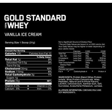Optimum Nutrition Gold Standard 100% Whey Protein Powder, Vanilla Ice Cream, 1 Pound (Packaging May Vary)