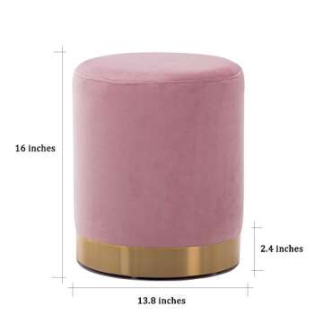 DAGONHIL Modern Round Pink Velvet Ottoman,Upholstered Floor Stools with Gold Plating Base,Accent Mak...