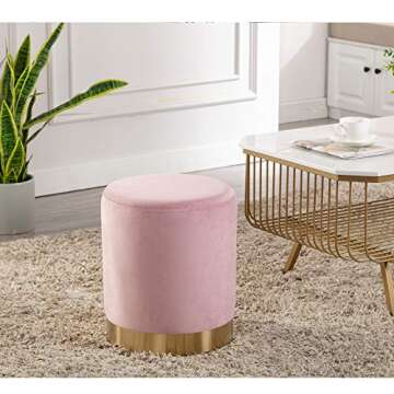 DAGONHIL Modern Round Pink Velvet Ottoman,Upholstered Floor Stools with Gold Plating Base,Accent Makeup Stool for Living Room,Bedroom and Kids Room,Pack of 1(Pink)