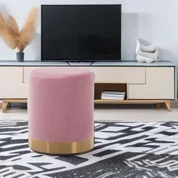 DAGONHIL Modern Round Pink Velvet Ottoman,Upholstered Floor Stools with Gold Plating Base,Accent Makeup Stool for Living Room,Bedroom and Kids Room,Pack of 1(Pink)