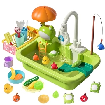 CUTE STONE Play Sink with Running Water, Kitchen Sink Toys with Upgraded Electric Faucet, Play Kitch...