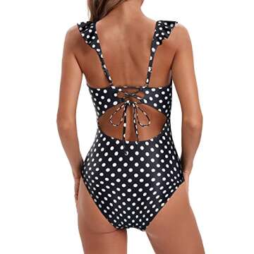 Holipick Women Black White Dot Ruffle V Neck One Piece Swimsuit Tummy Control Bathing Suit Full Coverage Swimwear M(US 8-10)