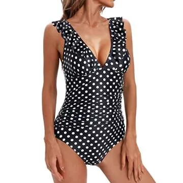 Holipick Women Black White Dot Ruffle V Neck One Piece Swimsuit Tummy Control Bathing Suit Full Coverage Swimwear M(US 8-10)