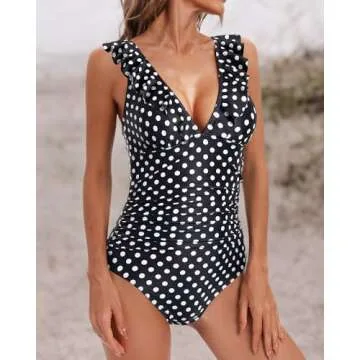 Holipick Women Black White Dot Ruffle V Neck One Piece Swimsuit Tummy Control Bathing Suit Full Coverage Swimwear M(US 8-10)