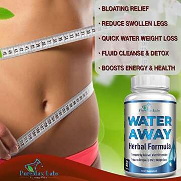 Water Away Gentle Herbal Diuretic - Natural Diuretic Water Pills - Relieve Bloating, Reduce Excess Water Weight with Dandelion Leaf, Green Tea, Detox Cleanse & Urinary Health. Non-GMO, 60 Capsules