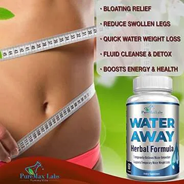 Water Away Gentle Herbal Diuretic - Natural Diuretic Water Pills - Relieve Bloating, Reduce Excess Water Weight with Dandelion Leaf, Green Tea, Detox Cleanse & Urinary Health. Non-GMO, 60 Capsules