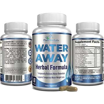 Water Away Gentle Herbal Diuretic - Natural Diuretic Water Pills - Relieve Bloating, Reduce Excess Water Weight with Dandelion Leaf, Green Tea, Detox Cleanse & Urinary Health. Non-GMO, 60 Capsules