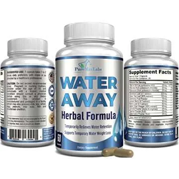 Water Away Gentle Herbal Diuretic - Natural Diuretic Water Pills - Relieve Bloating, Reduce Excess Water Weight with Dandelion Leaf, Green Tea, Detox Cleanse & Urinary Health. Non-GMO, 60 Capsules