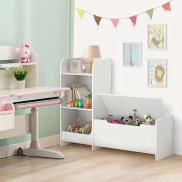 Curipeer Kids Bookshelf and Toy Storage Organizer with Reading Nook for Kids, 3-Tier Baby Nursery Bookshelf Bookcase with Bench and Storage Cabinet for Kid's Room, Nursery, Bedroom, Living Room(White)