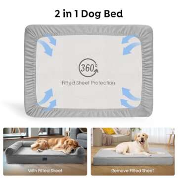 Veehoo Washable XXL Dog Bed for Extra Large Sized Dogs-2 in 1 Dog Couch Bed with Removable Bolster Fitted Sheet Cover, Big Orthopedic Dog Sofa Bed Pet Bed with Non-Slip Bottom&Egg Crate Foam 53" x 41"