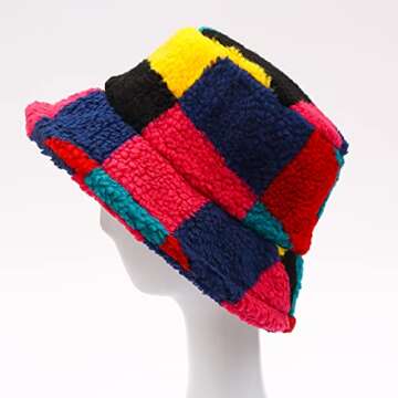 Multicolorrd Patchwork Colors Teddy Velvet Bucket Hat for Women Thick Solid Winter Warm Fuzzy Plush ...