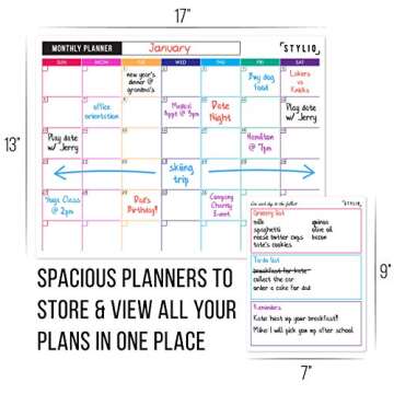 STYLIO Dry Erase Calendar Whiteboard. Set of 3 Magnetic Calendars for Fridge: Monthly, Weekly Organi...