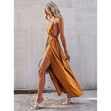 BerryGo Women's Prom Deep V Neck Backless Split Maxi Formal Bridesmaid Dress Pumpkin S