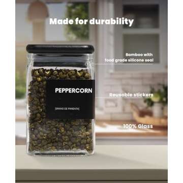 APT 1101 Glass Spice Jars with Labels, 4oz Glass Jars with Bamboo Lids, Square Spice Jars with Labels, Empty Spice Bottles for Seasoning Organizer, Spice Drawer Organizer, 12 Pack (Black)