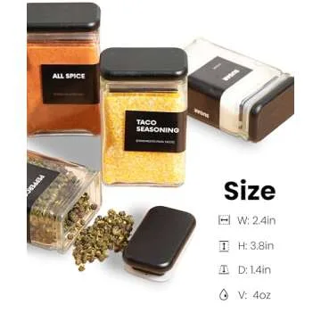 APT 1101 Glass Spice Jars with Labels, 4oz Glass Jars with Bamboo Lids, Square Spice Jars with Labels, Empty Spice Bottles for Seasoning Organizer, Spice Drawer Organizer, 12 Pack (Black)