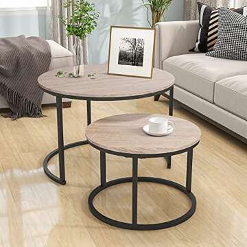 HOJINLINERO Industrial Round Coffee Table Set of 2 End Table for Living Room,Stacking Side Tables, Sturdy and Easy Assembly,Wood Look Accent Furniture with Metal Frame,Black+Teak Oak