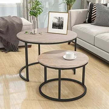 HOJINLINERO Industrial Round Coffee Table Set of 2 End Table for Living Room,Stacking Side Tables, Sturdy and Easy Assembly,Wood Look Accent Furniture with Metal Frame,Black+Teak Oak