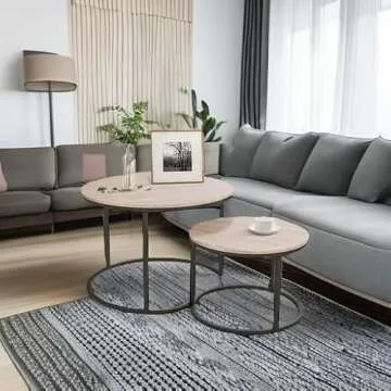 HOJINLINERO Industrial Round Coffee Table Set of 2 End Table for Living Room,Stacking Side Tables, Sturdy and Easy Assembly,Wood Look Accent Furniture with Metal Frame,Black+Teak Oak