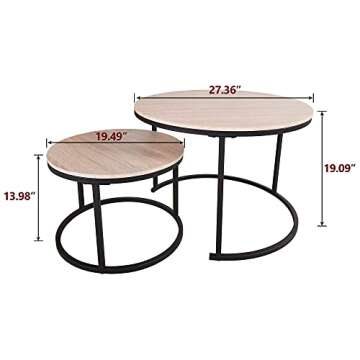 HOJINLINERO Industrial Round Coffee Table Set of 2 End Table for Living Room,Stacking Side Tables, Sturdy and Easy Assembly,Wood Look Accent Furniture with Metal Frame,Black+Teak Oak