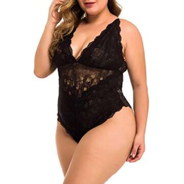 XAKALAKA Women Plus Size Lace Bodysuit Teddy Lingerie One Piece Babydoll Clubwear Black XXXL