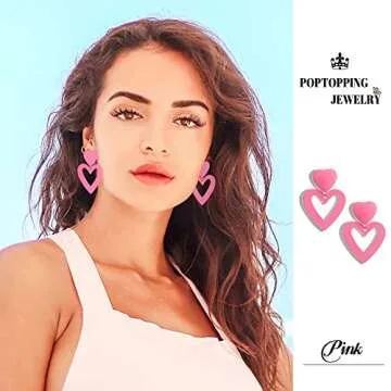PopTopping Double Heart Earrings Pink Heart Dangle Earrings Love Heart Drop Earrings For Women Valen...