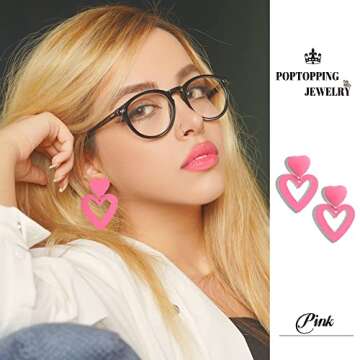 PopTopping Double Heart Earrings Pink Heart Dangle Earrings Love Heart Drop Earrings For Women Valentine's Day Mother's Day Gift (Pink)