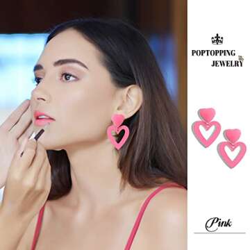 PopTopping Double Heart Earrings Pink Heart Dangle Earrings Love Heart Drop Earrings For Women Valentine's Day Mother's Day Gift (Pink)