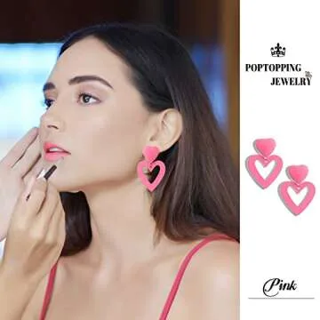 PopTopping Double Heart Earrings Pink Heart Dangle Earrings Love Heart Drop Earrings For Women Valentine's Day Mother's Day Gift (Pink)