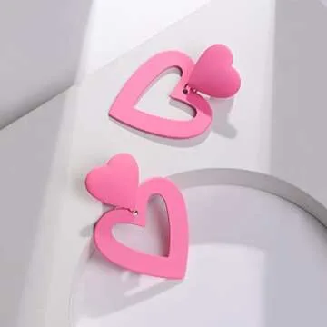 PopTopping Double Heart Earrings Pink Heart Dangle Earrings Love Heart Drop Earrings For Women Valentine's Day Mother's Day Gift (Pink)